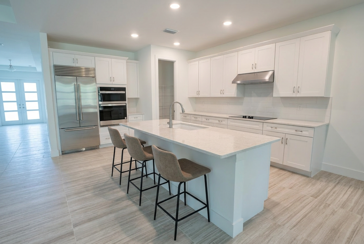 White Shaker Kitchen with Quartz Island